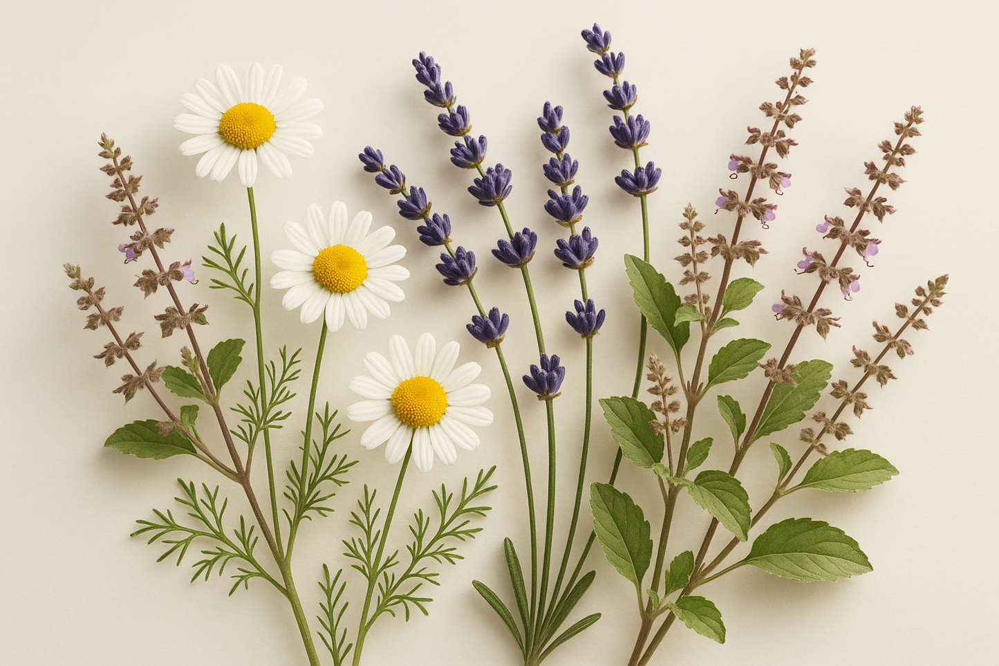 chamomile flowers, lavender buds, holy basil flowers