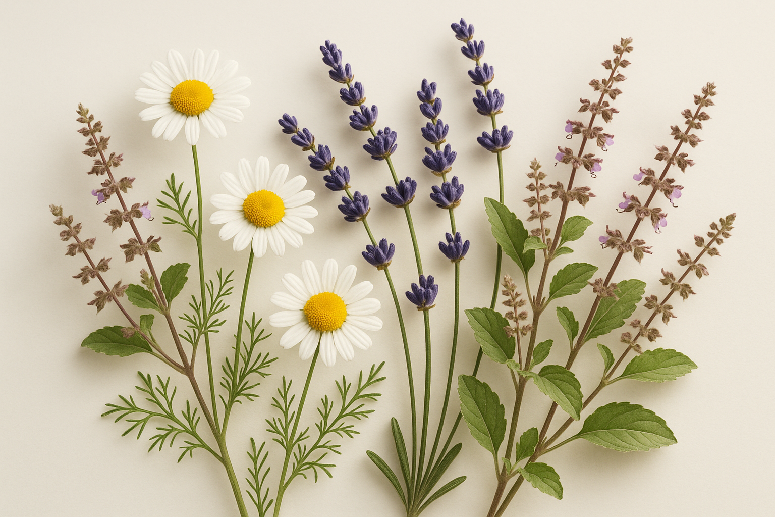 chamomile flowers, lavender buds, holy basil flowers