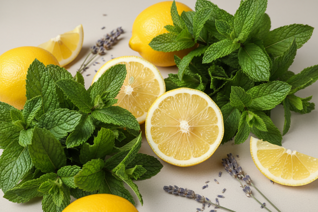 peppermint leaves, lemons and lavender buds