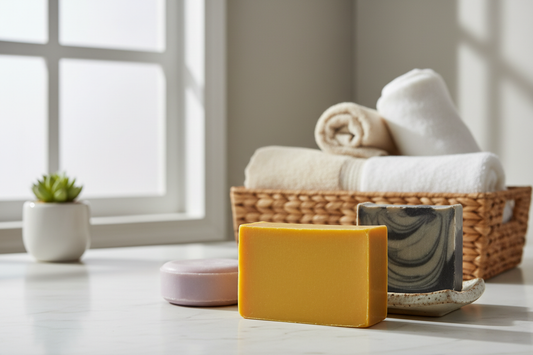 regular smooth bar of turmeric soap on a bathroom counter top with other soaps and towels