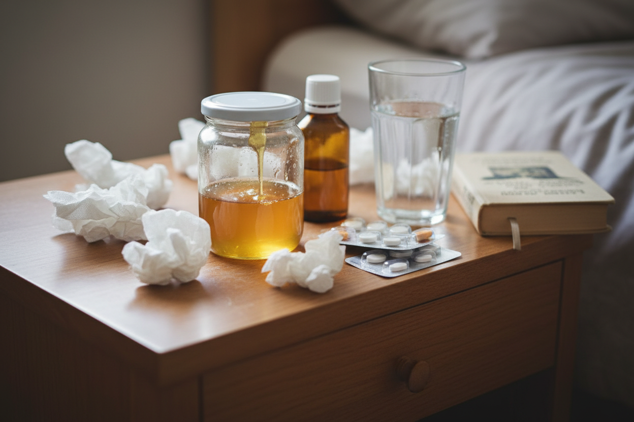 shot of a bedside table with used tissues, honey and cold medcines