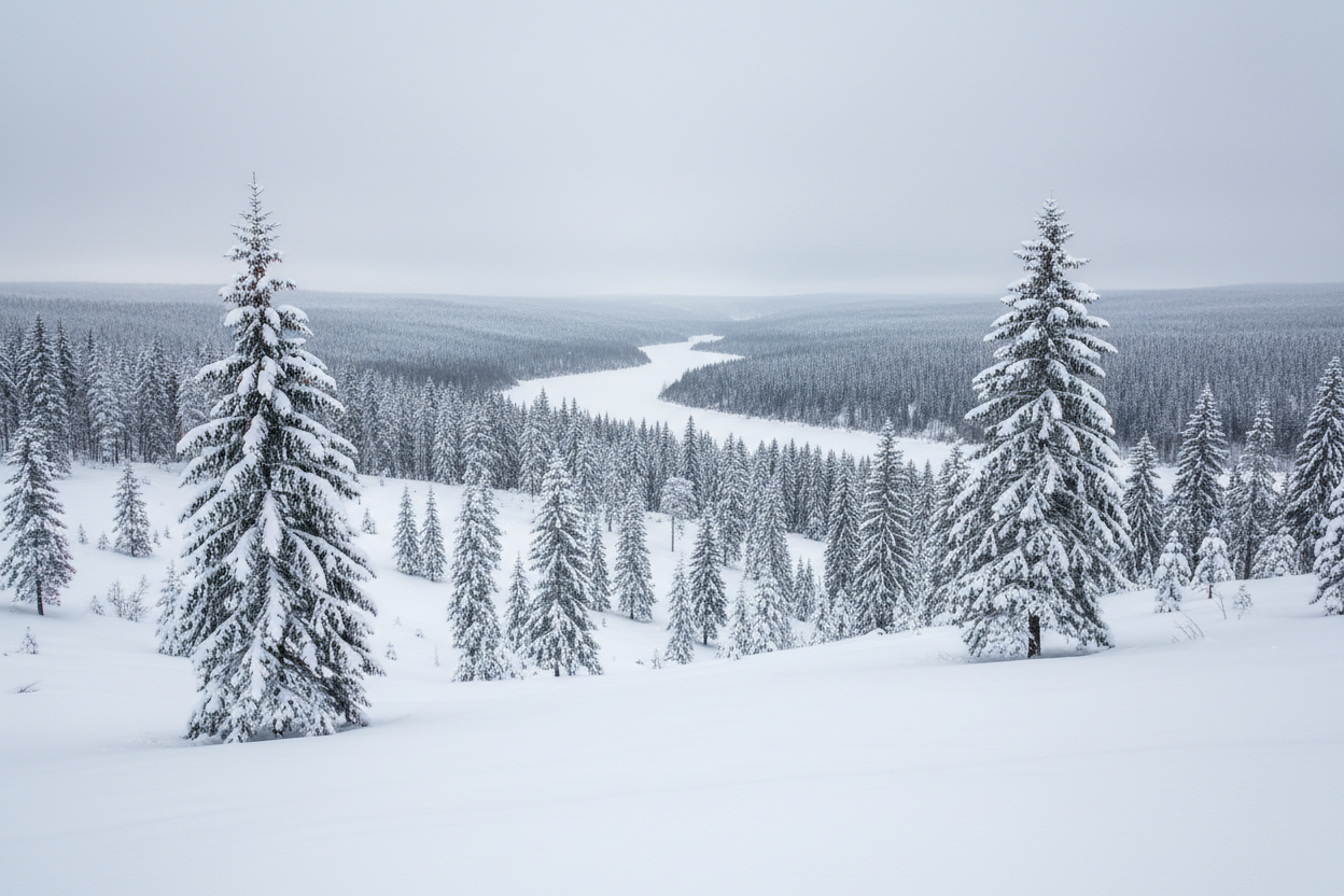 snowy landscape with evergreen trees 