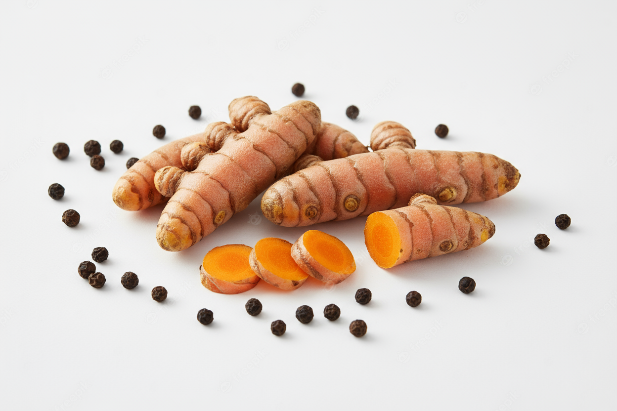 tumeric root with black pepper corns
